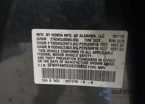 2013 Honda Pilot Ex-L z USA, uszkodzony, nr VIN 5FNYF4H55DB026853